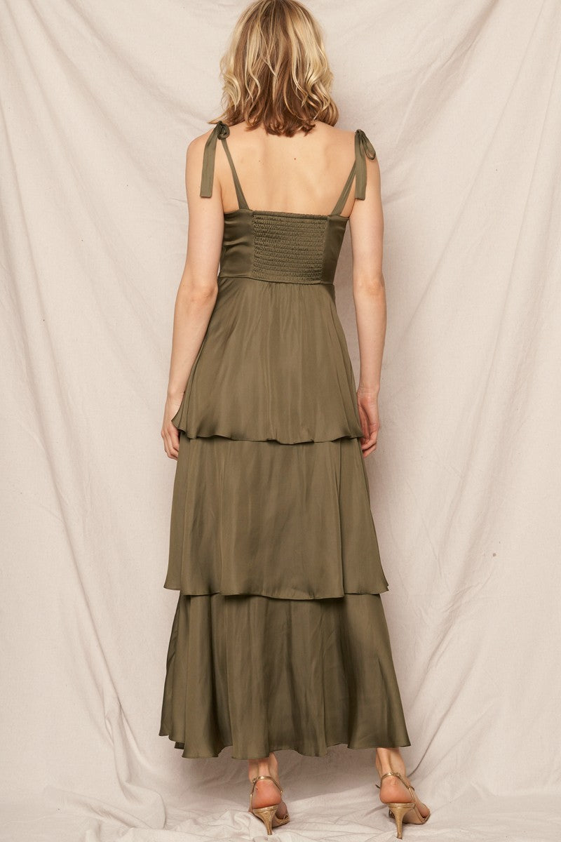 Kate Satin Tiered Maxi Dress, Olive