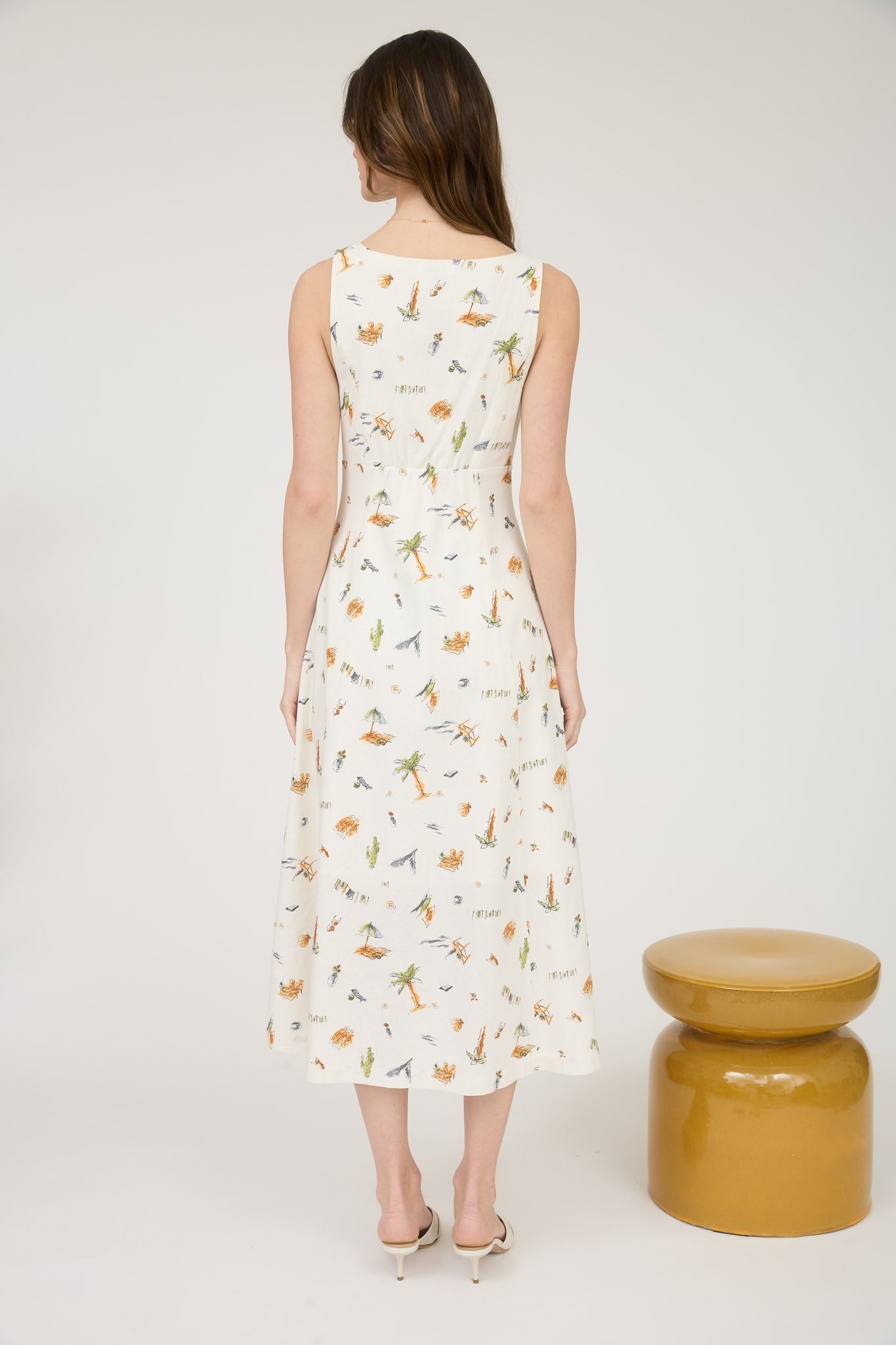 Melina Beach Print Midi Dress, Cream Multi