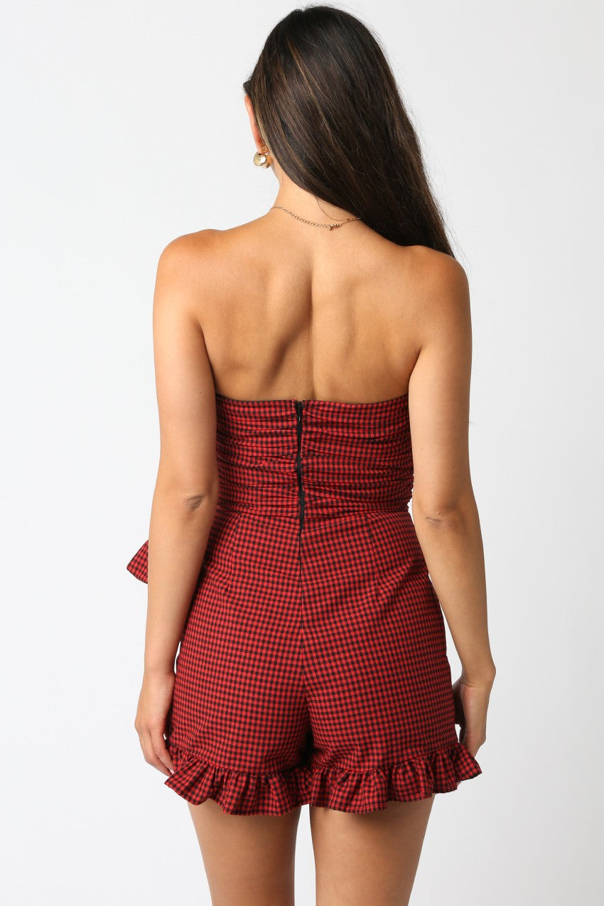 Guinevere Strapless Checkered Romper, Black Red