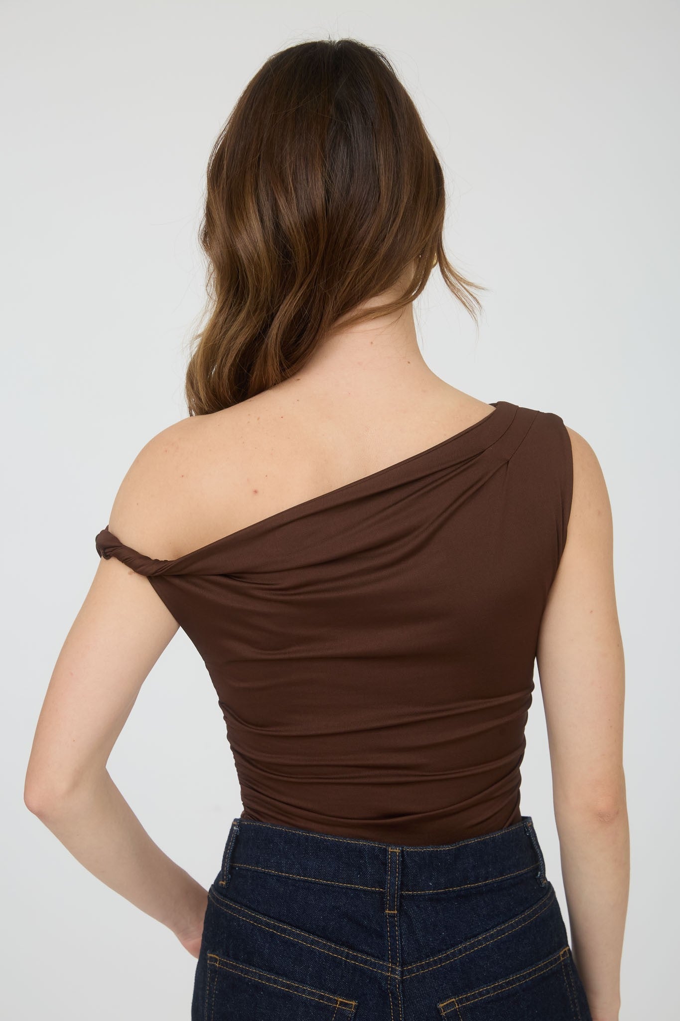 Delia Asymmetrical Off Shoulder Top, Chocolate