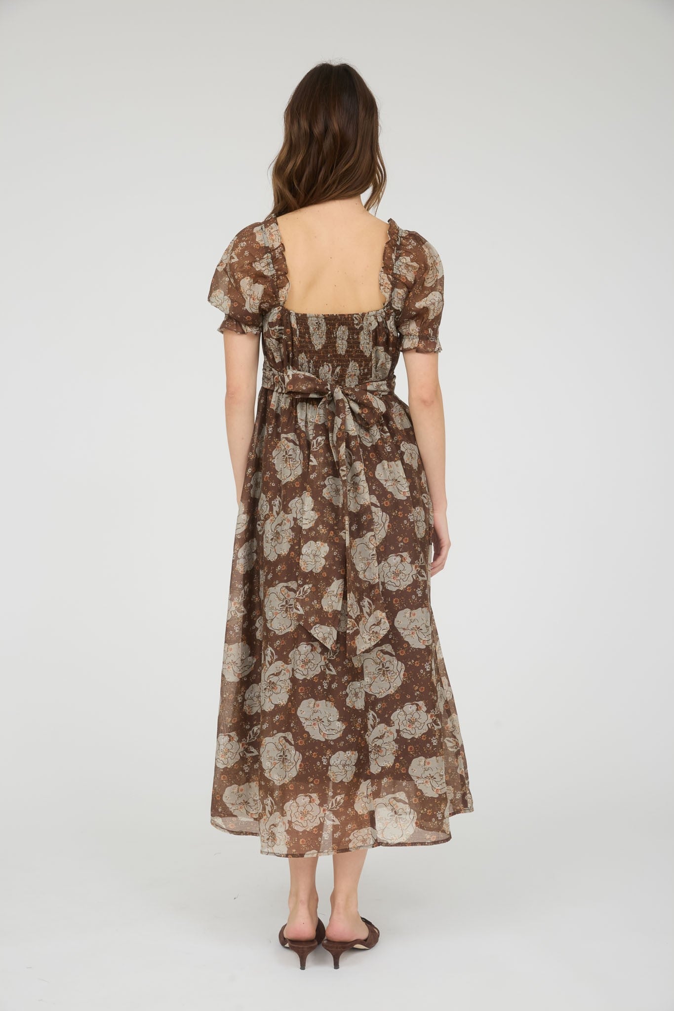 Joy Floral Sweetheart Midi Dress, Brown Multi