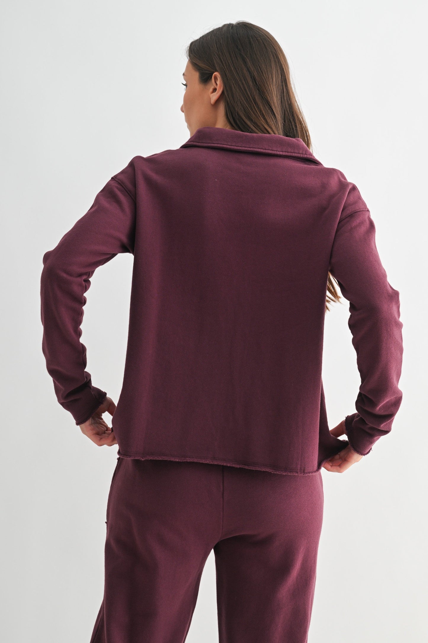 Phoebe Collared Henley Tee, Dark Plum