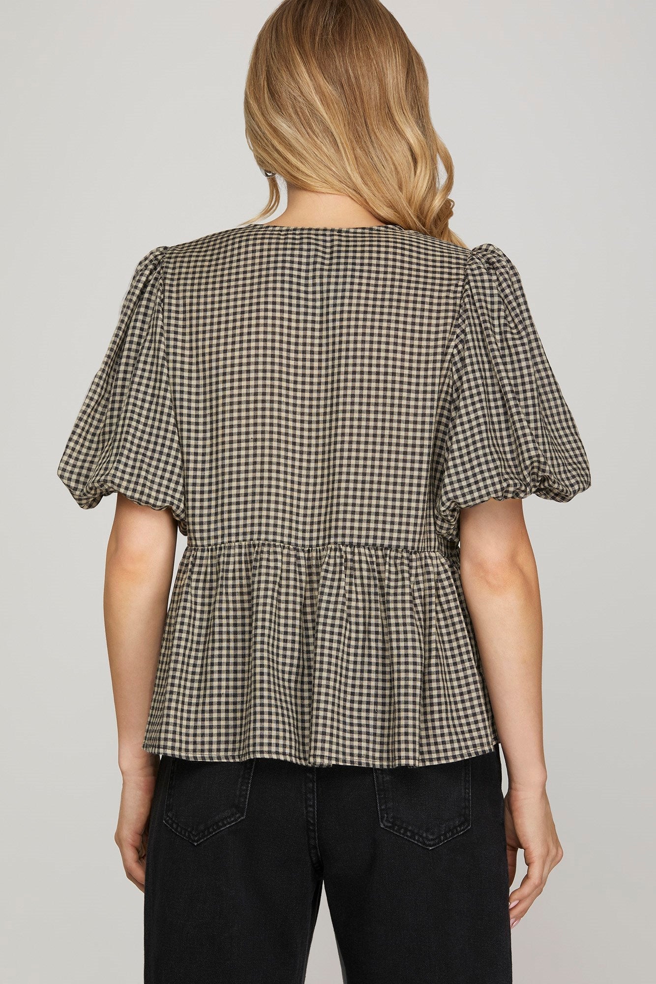 Riley Gingham Bow Tie Babydoll Top, Black