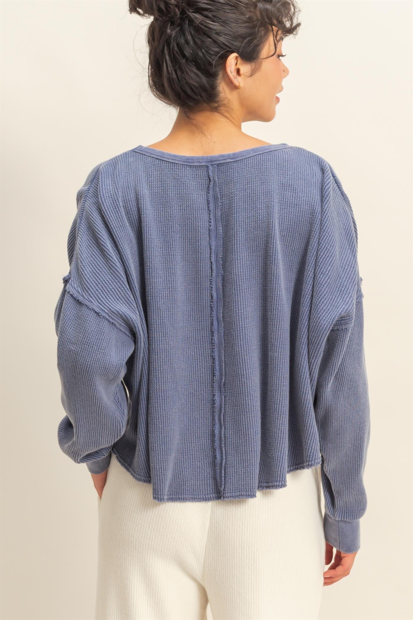 Marlowe Boat Neck Raw Edge Top, Dusty Indigo