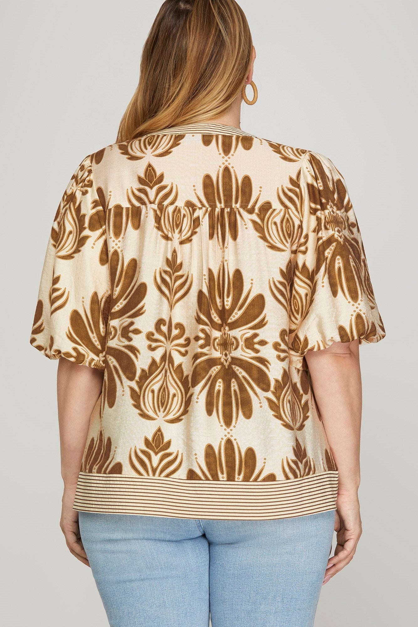 Arabella Bubble Sleeve Printed Top, Camel | Plus Size