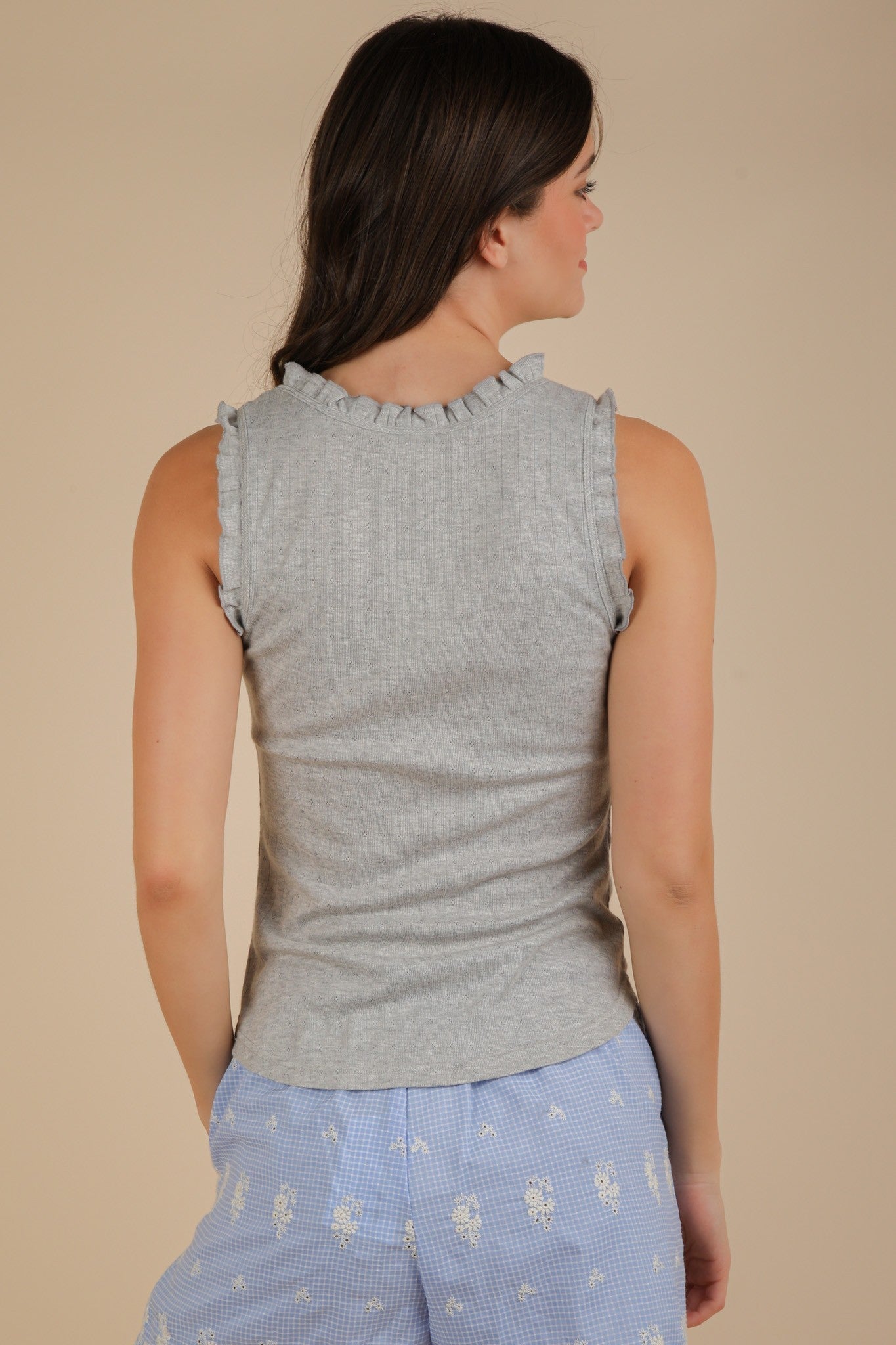 Jazmin Ruffle Trim Scoop Neck Tank, Heather Gray