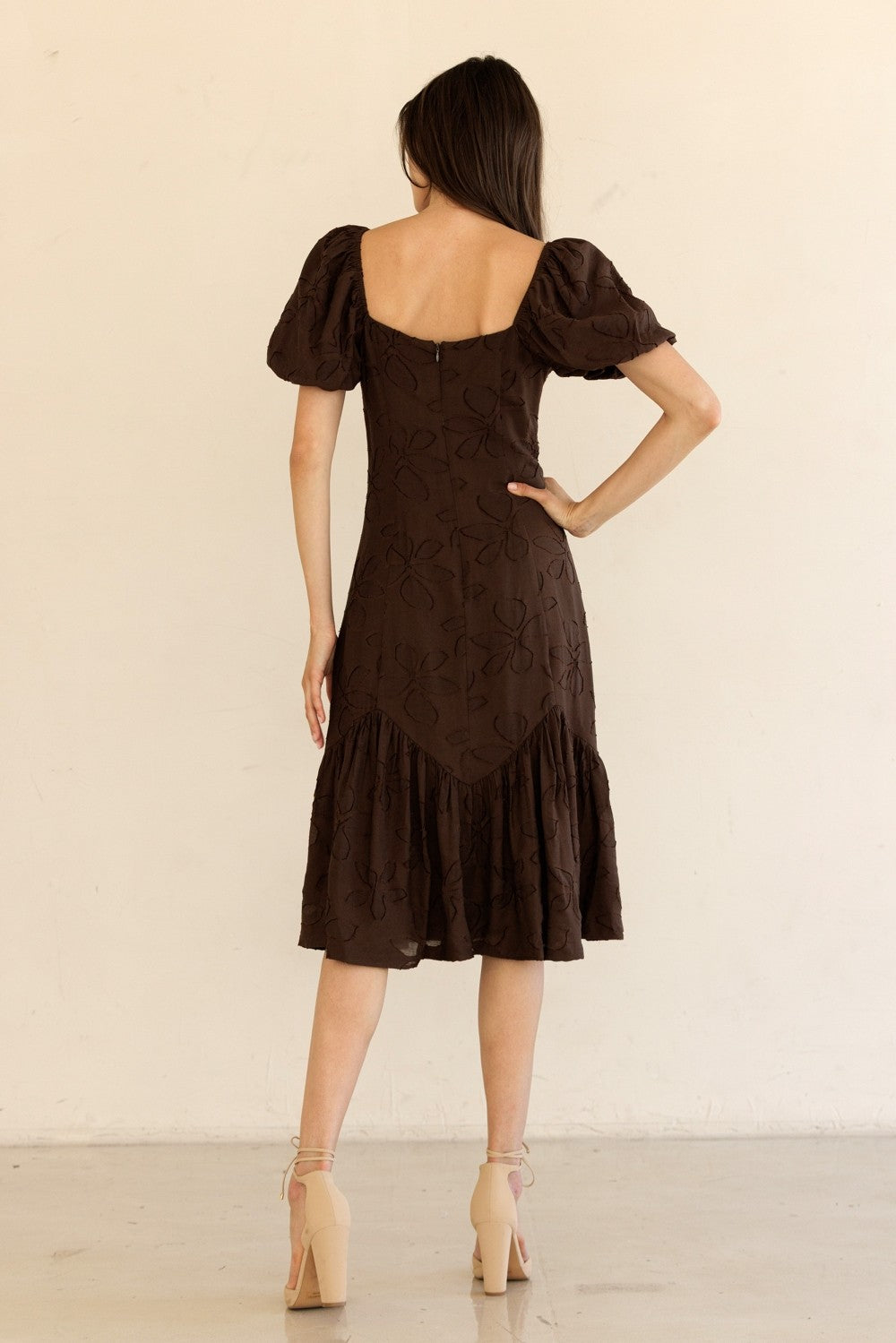 Ana Mesh Flower Midi Dress, Brown