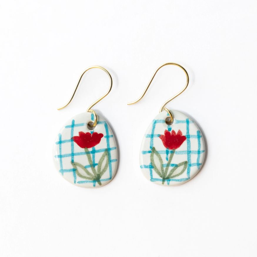 Danielle Round Ceramic Earring, Poppy & Blue Plaid | Ink + Alloy