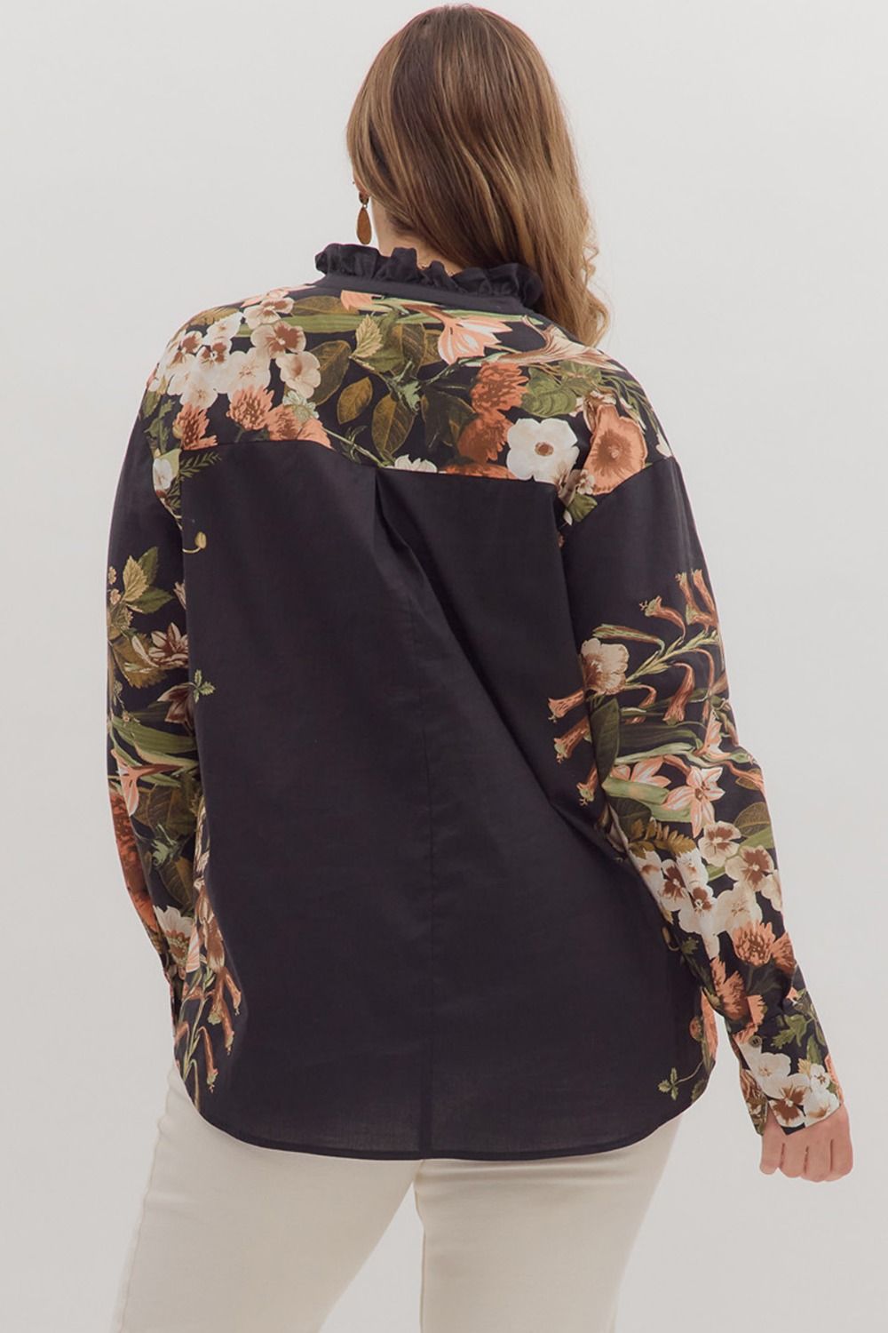 Ember Floral Sleeve Buttoned Blouse, Black | Extended Sizes