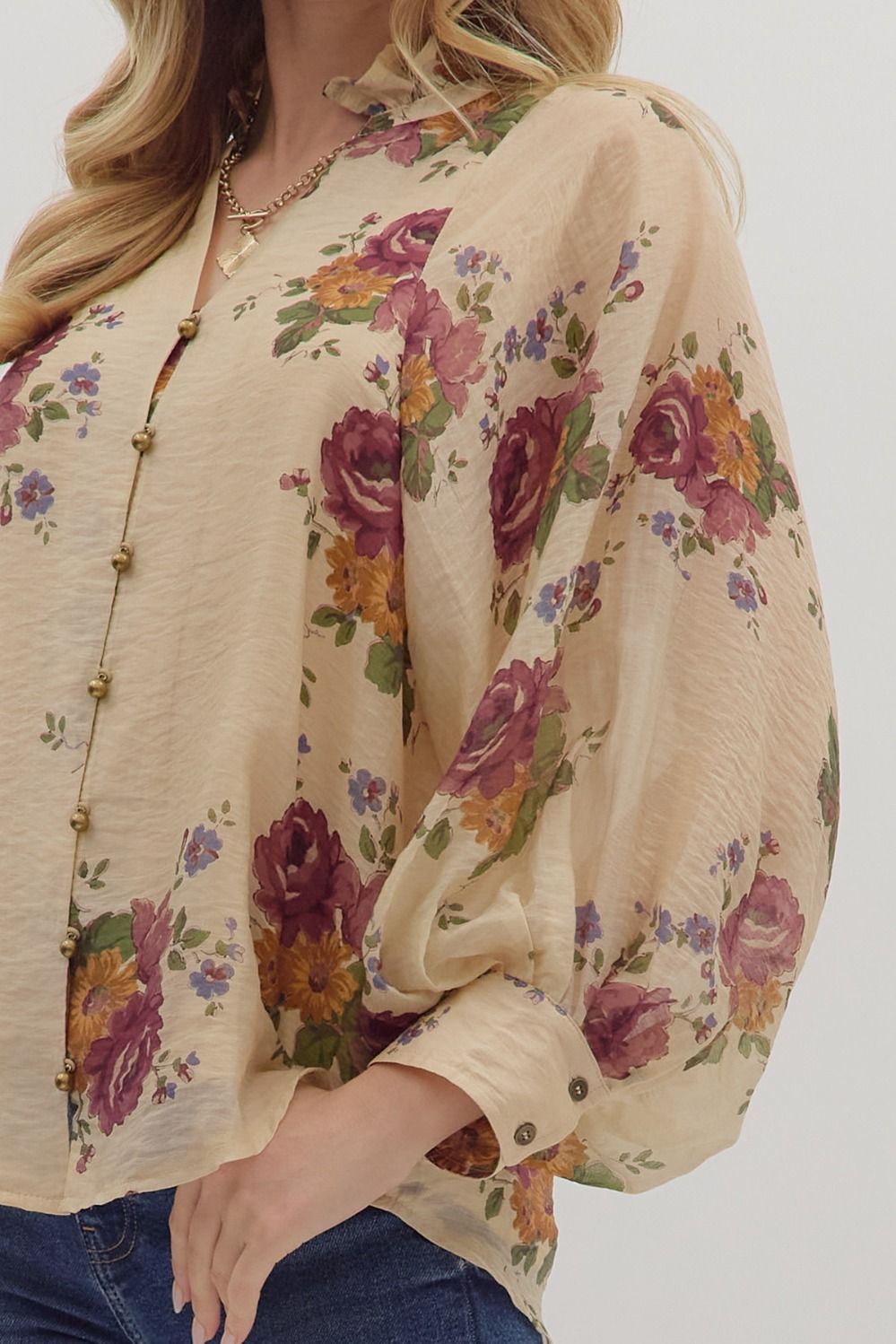 Indy Floral Button Down Top, Ecru
