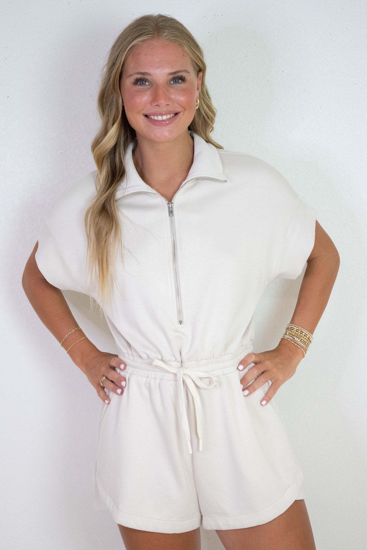 Kai Luxeknit Zip Up Romper, Ecru