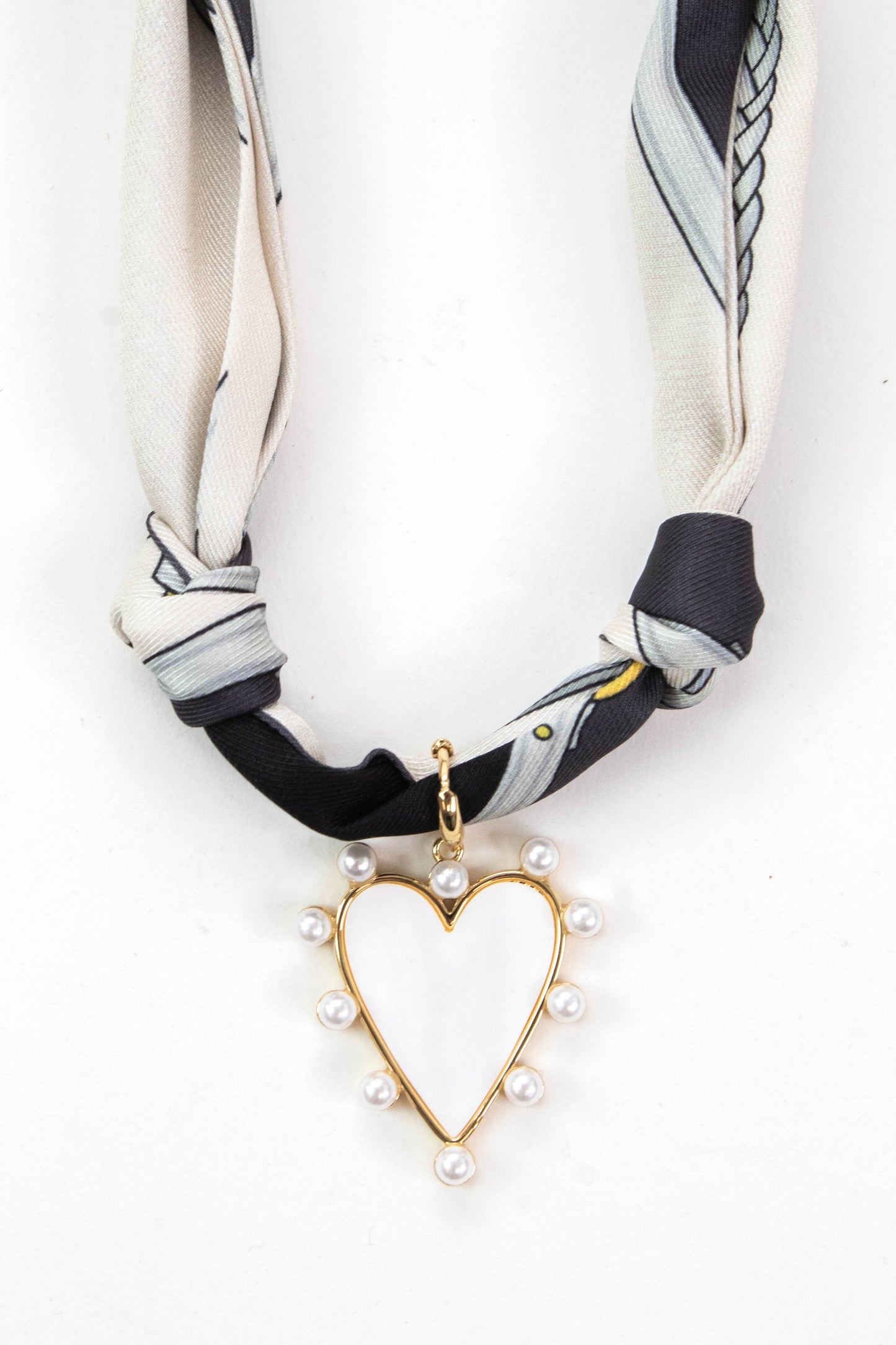 Mavis Pearlized Heart Scarf Necklace, Grey/White