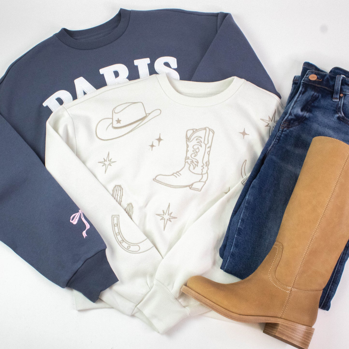 Paris Bow Embroidered Fleece Sweatshirt, Dusty Indigo