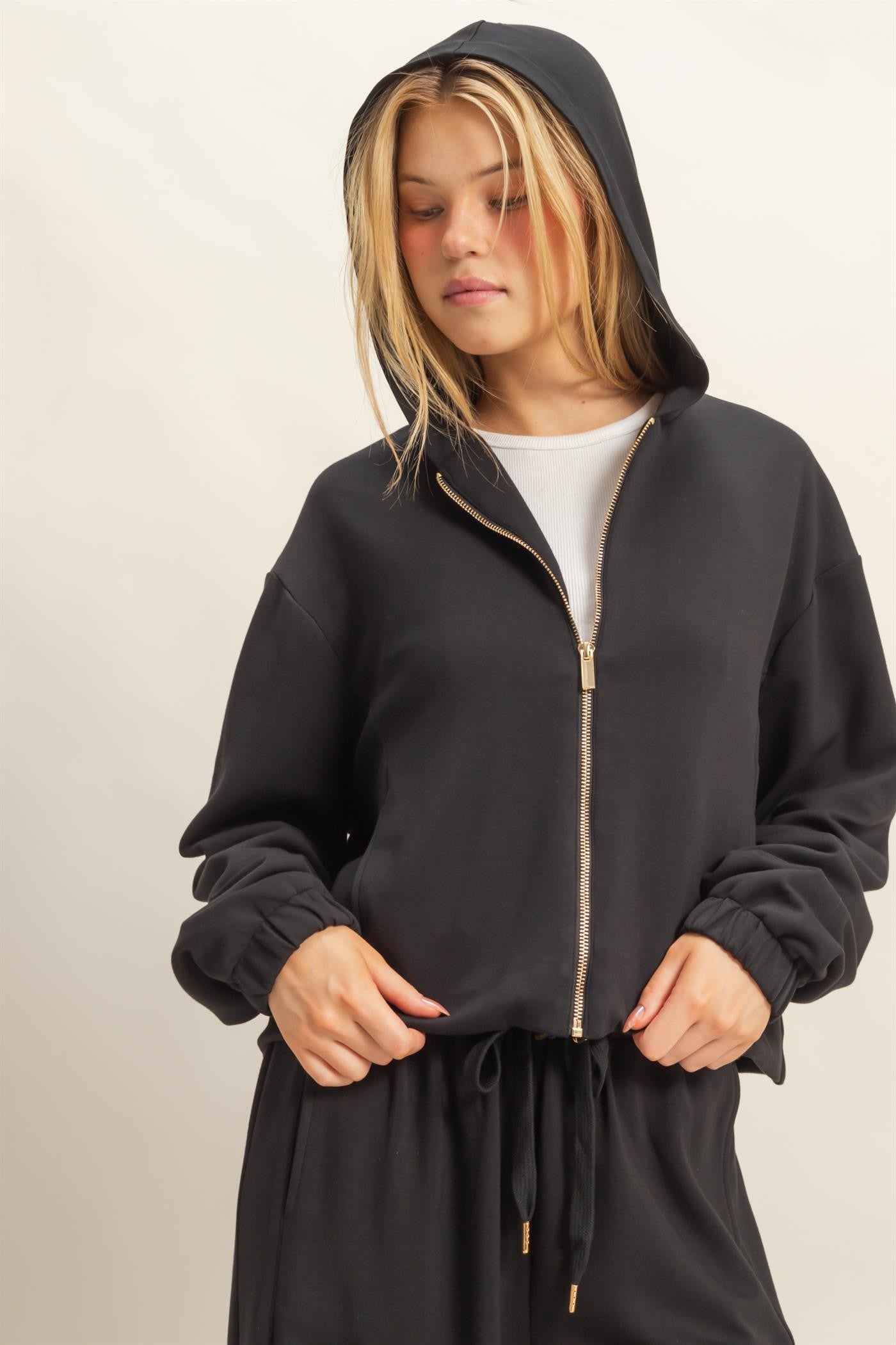  Nora Drawstring Hem Hoodie, Black