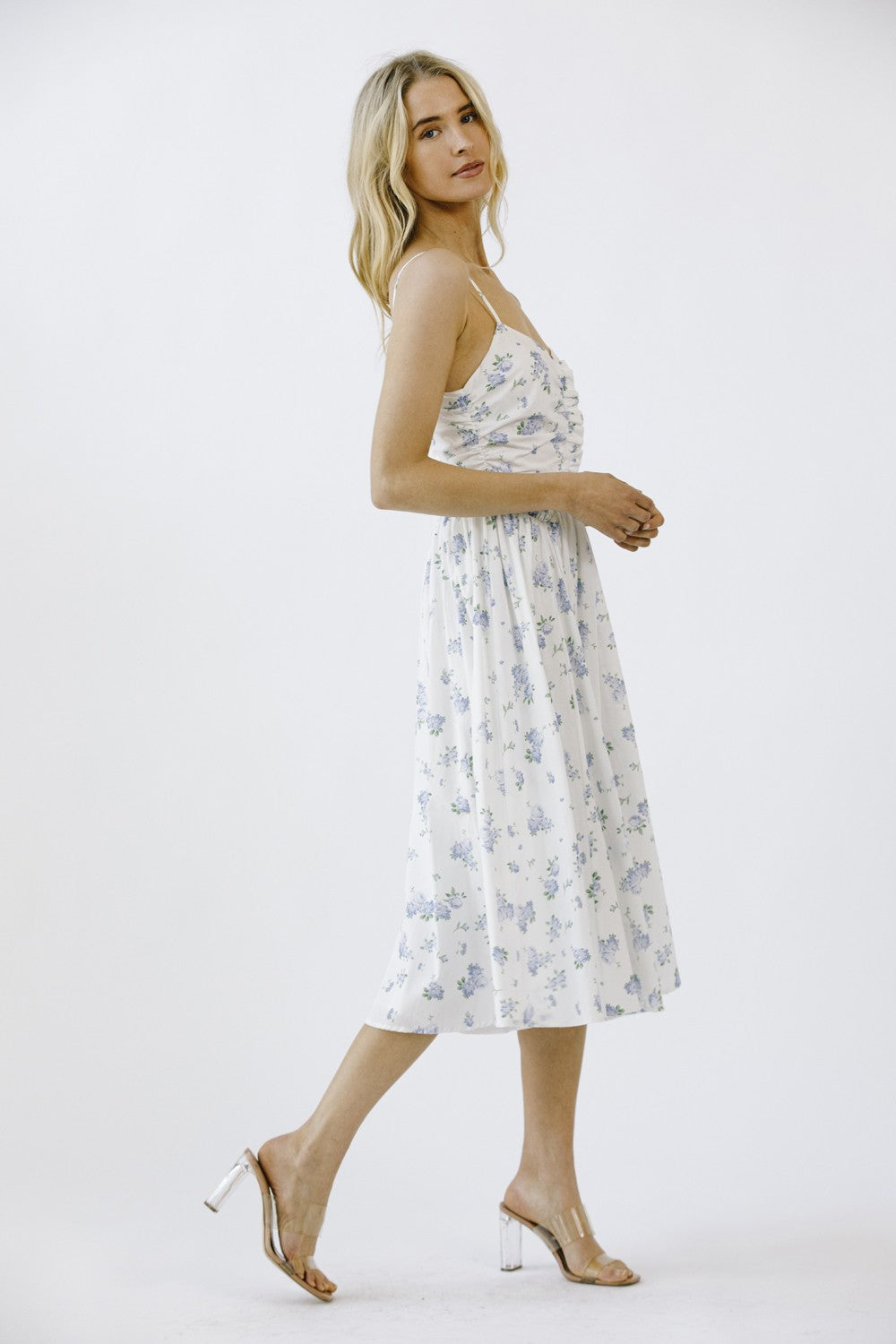 Miller Rose Print A-Line Dress, White/Blue Floral