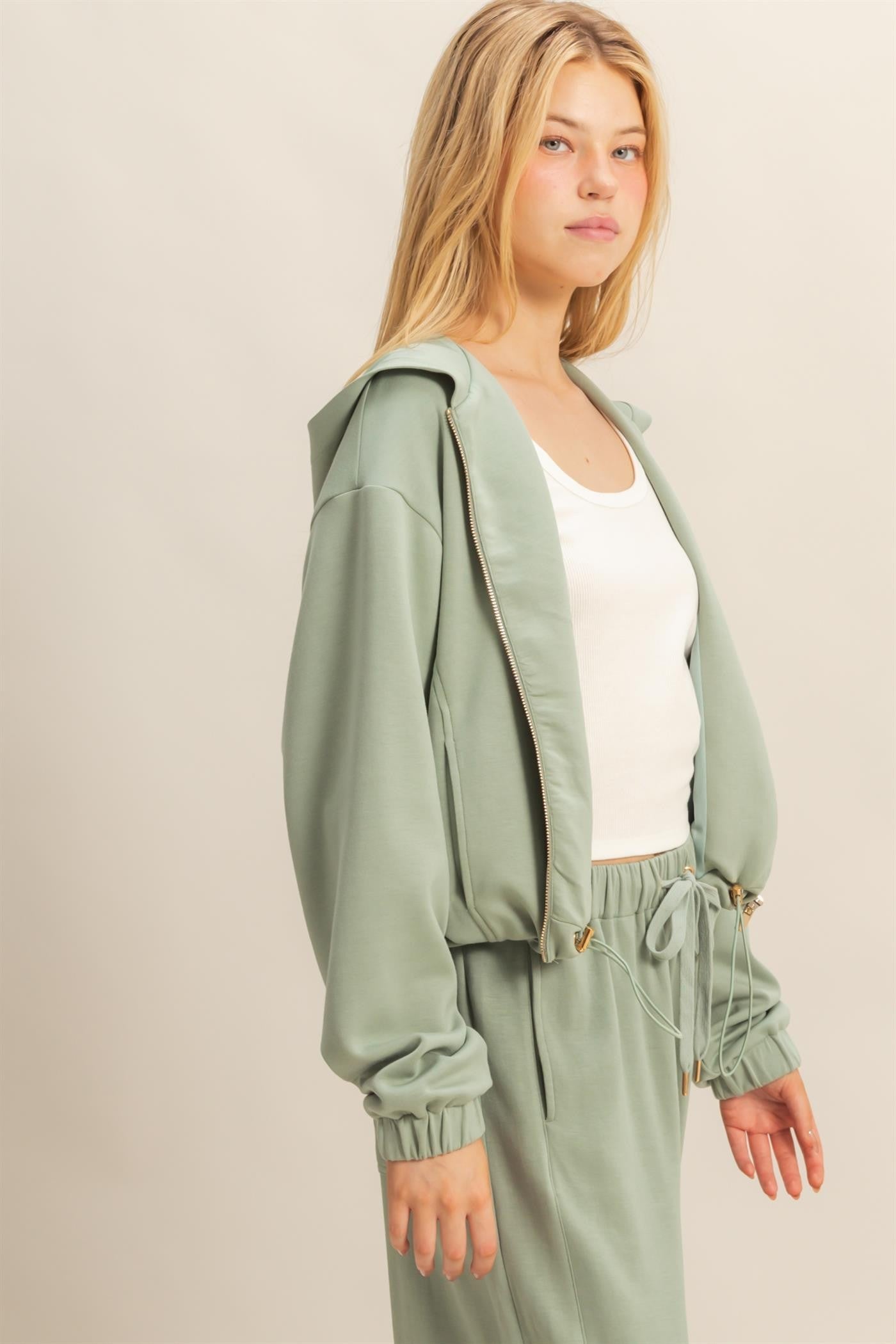  Nora Drawstring Hem Hoodie, Sage Green
