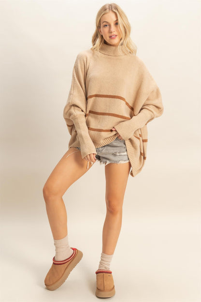  Myra Striped Turtleneck Sweater, Light Taupe