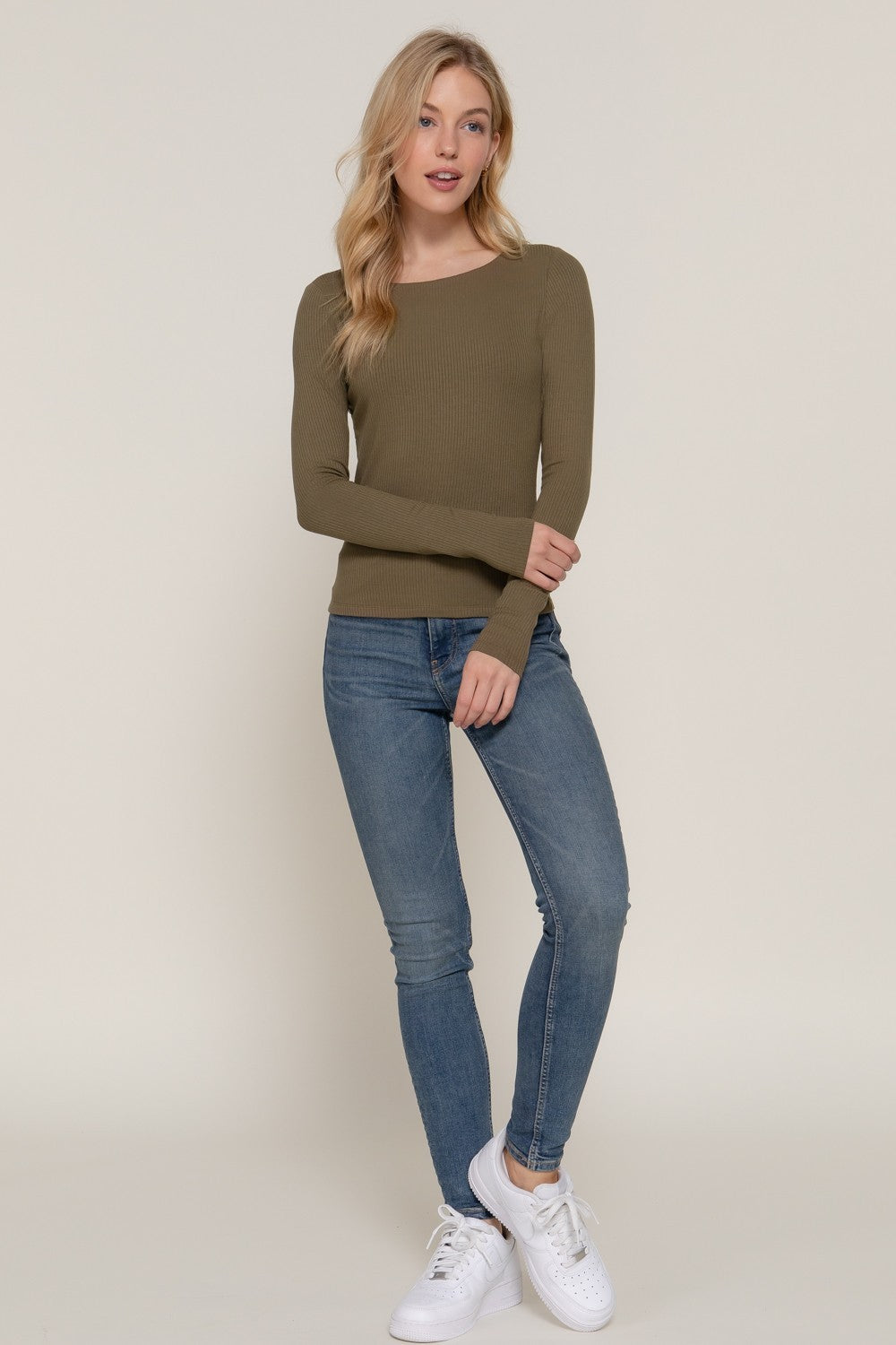  Elowyn Double Layer Rib Knit Tee, Army Olive