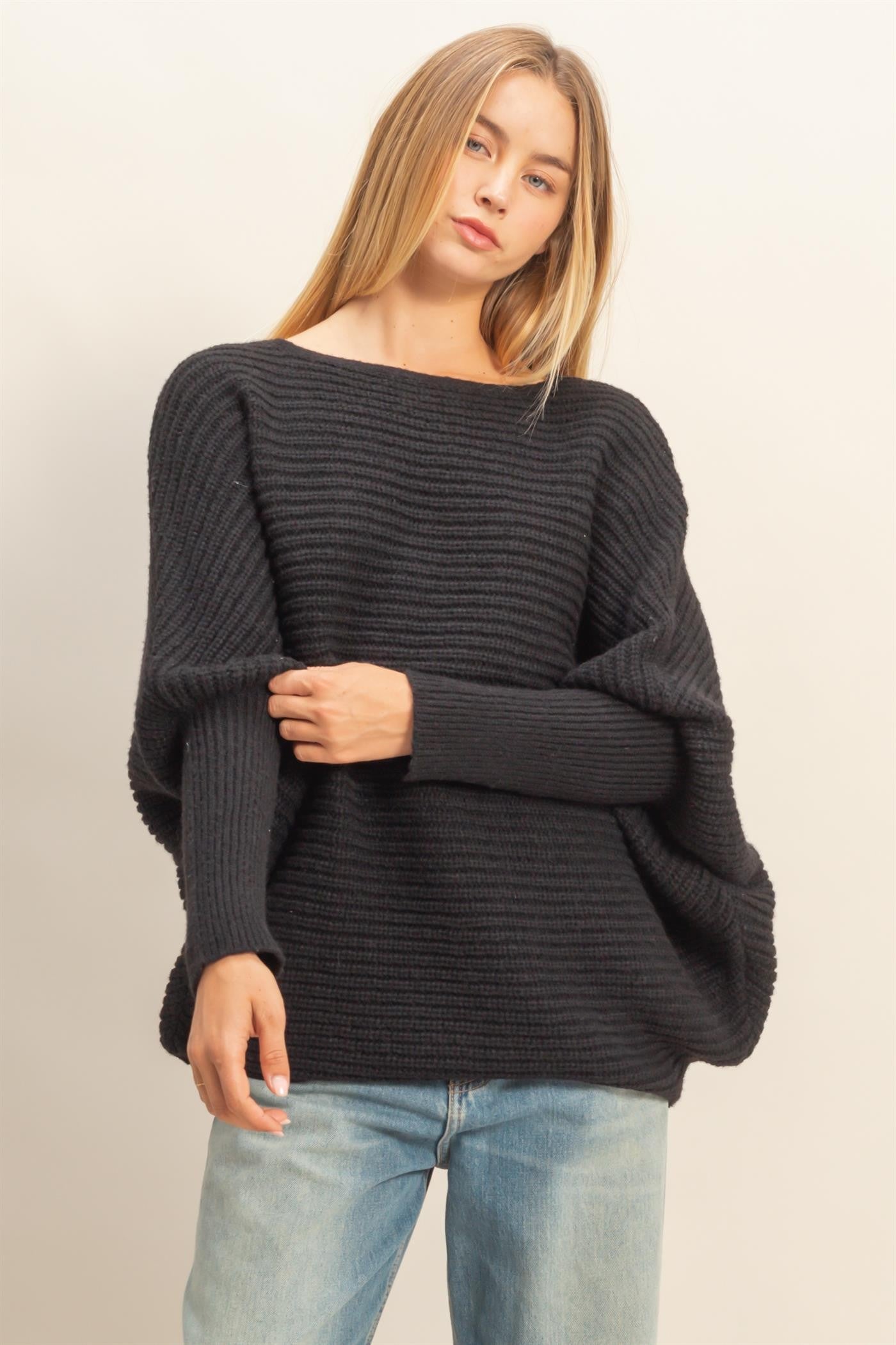  Lily Batwing Boat Neck Sweater, Black