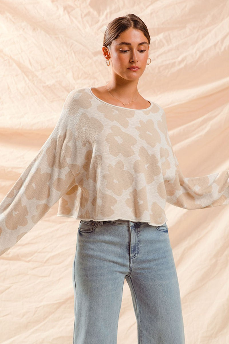  Shiloh Loose Fit Flower Sweater, Oatmeal/Ivory