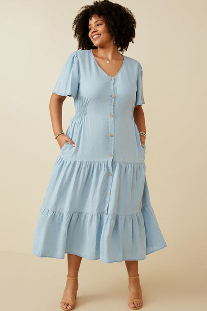  Josie Side Smocked Midi Dress, Light Denim | Plus Size