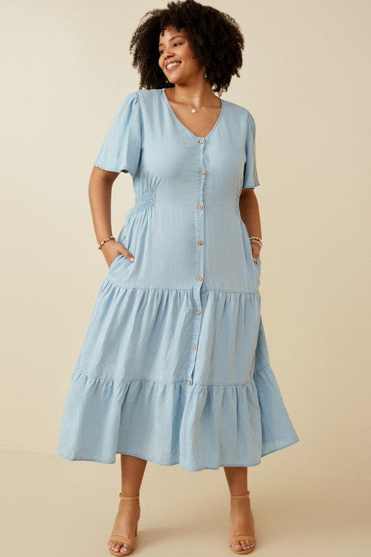  Josie Side Smocked Midi Dress, Light Denim | Plus Size