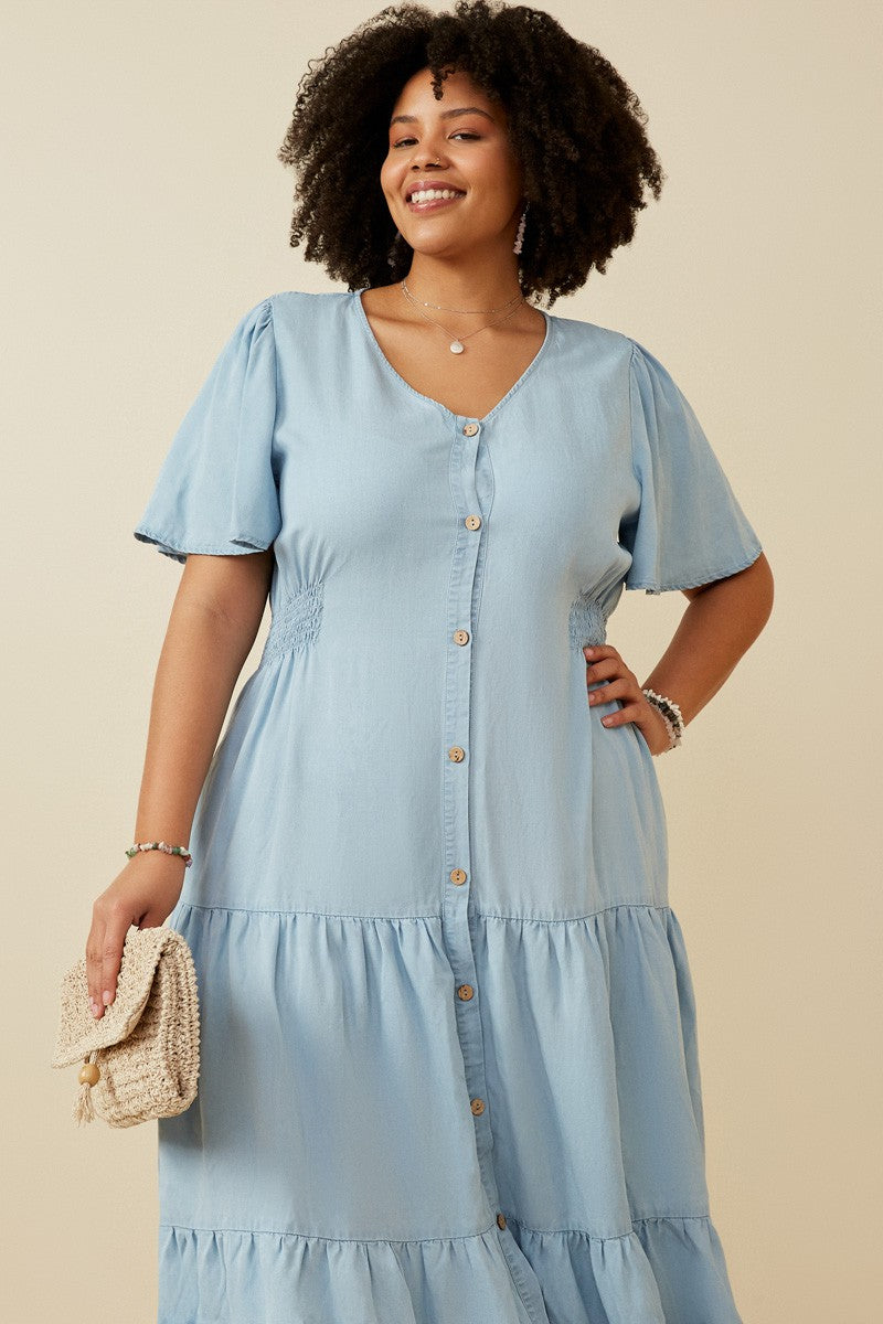  Josie Side Smocked Midi Dress, Light Denim | Plus Size