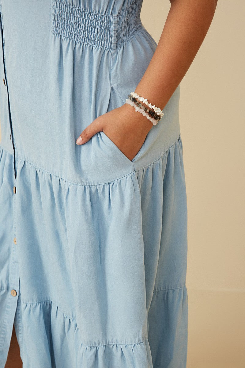  Josie Side Smocked Midi Dress, Light Denim | Plus Size