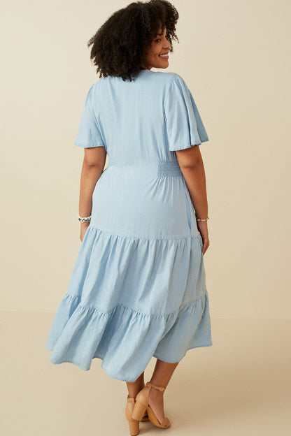  Josie Side Smocked Midi Dress, Light Denim | Plus Size