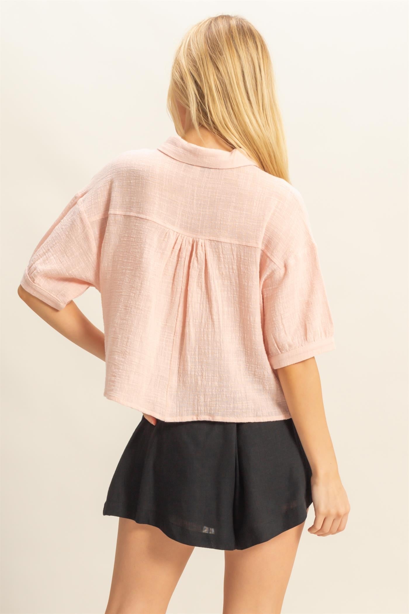  Janelle Cotton Gauze Crop Shirt, Light Pink