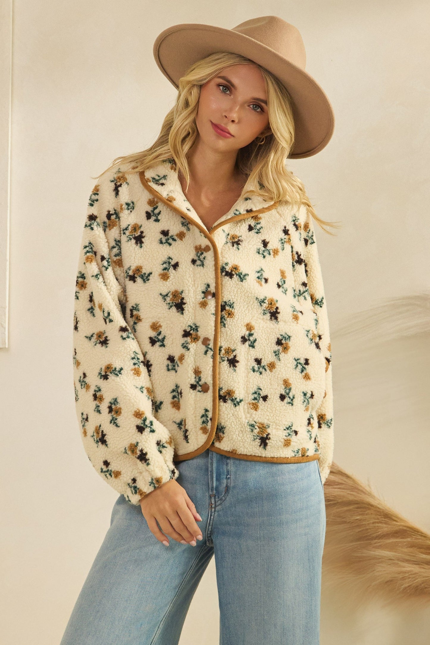  Flora Printed Sherpa Jacket, Brown
