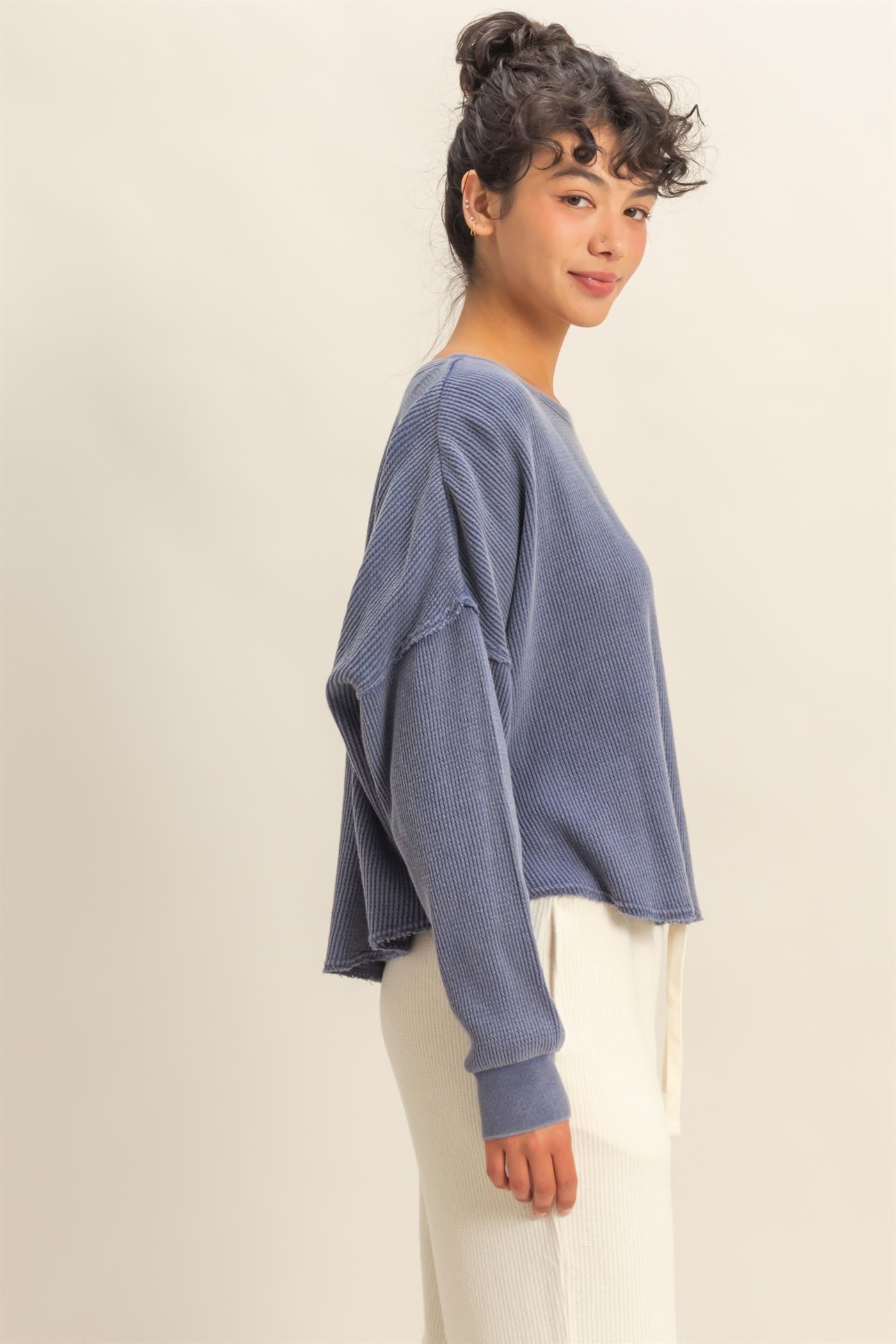  Marlowe Boat Neck Raw Edge Top, Dusty Indigo