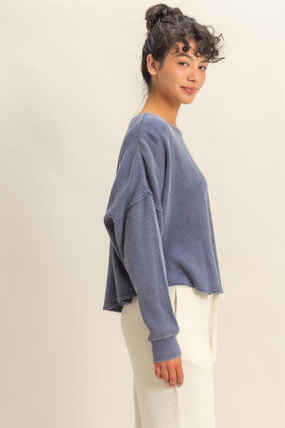  Marlowe Boat Neck Raw Edge Top, Dusty Indigo