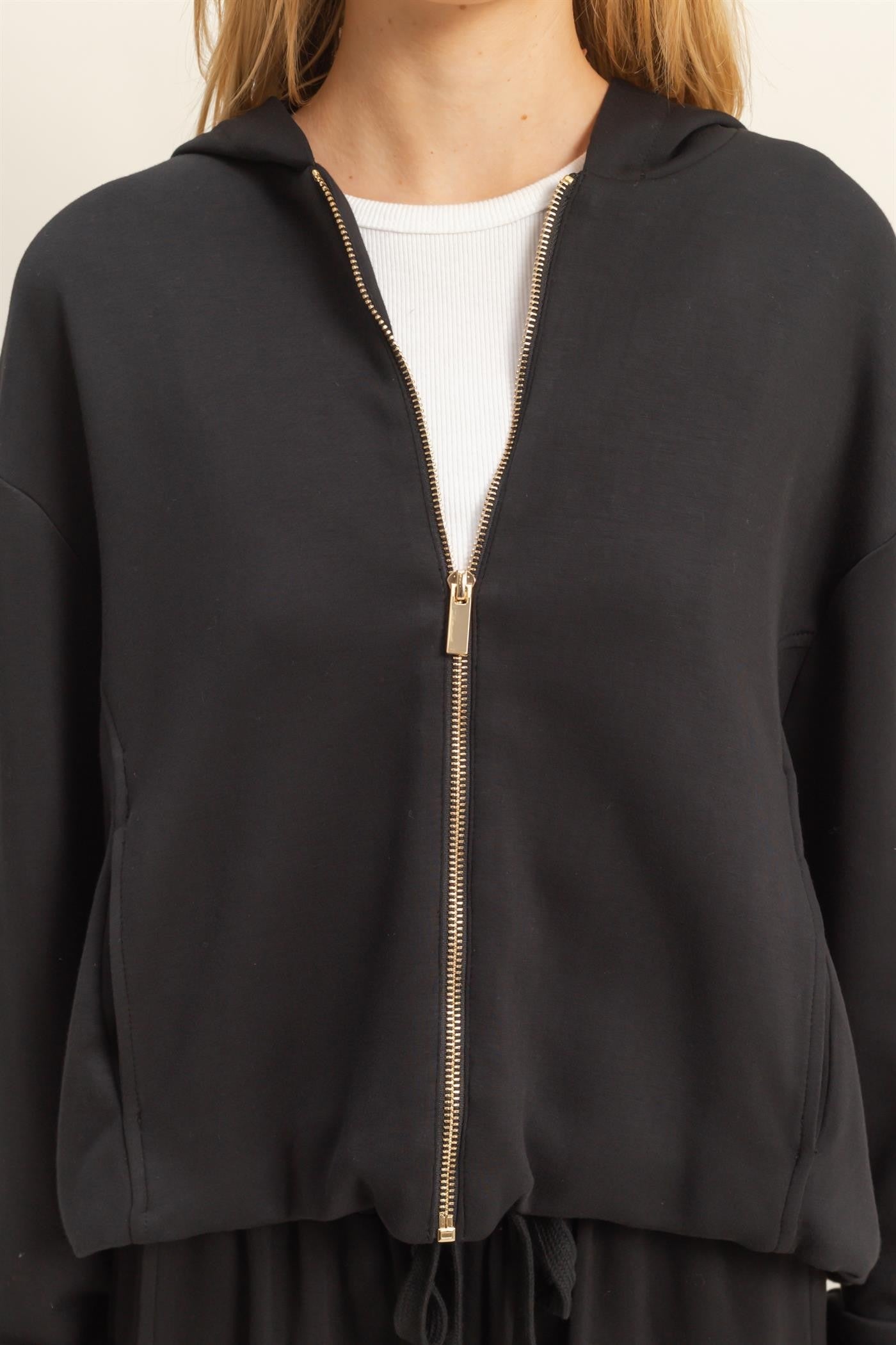  Nora Drawstring Hem Hoodie, Black