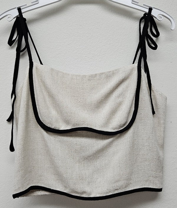  Evie Linen Contrast Piping Top, Natural