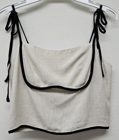  Evie Linen Contrast Piping Top, Natural