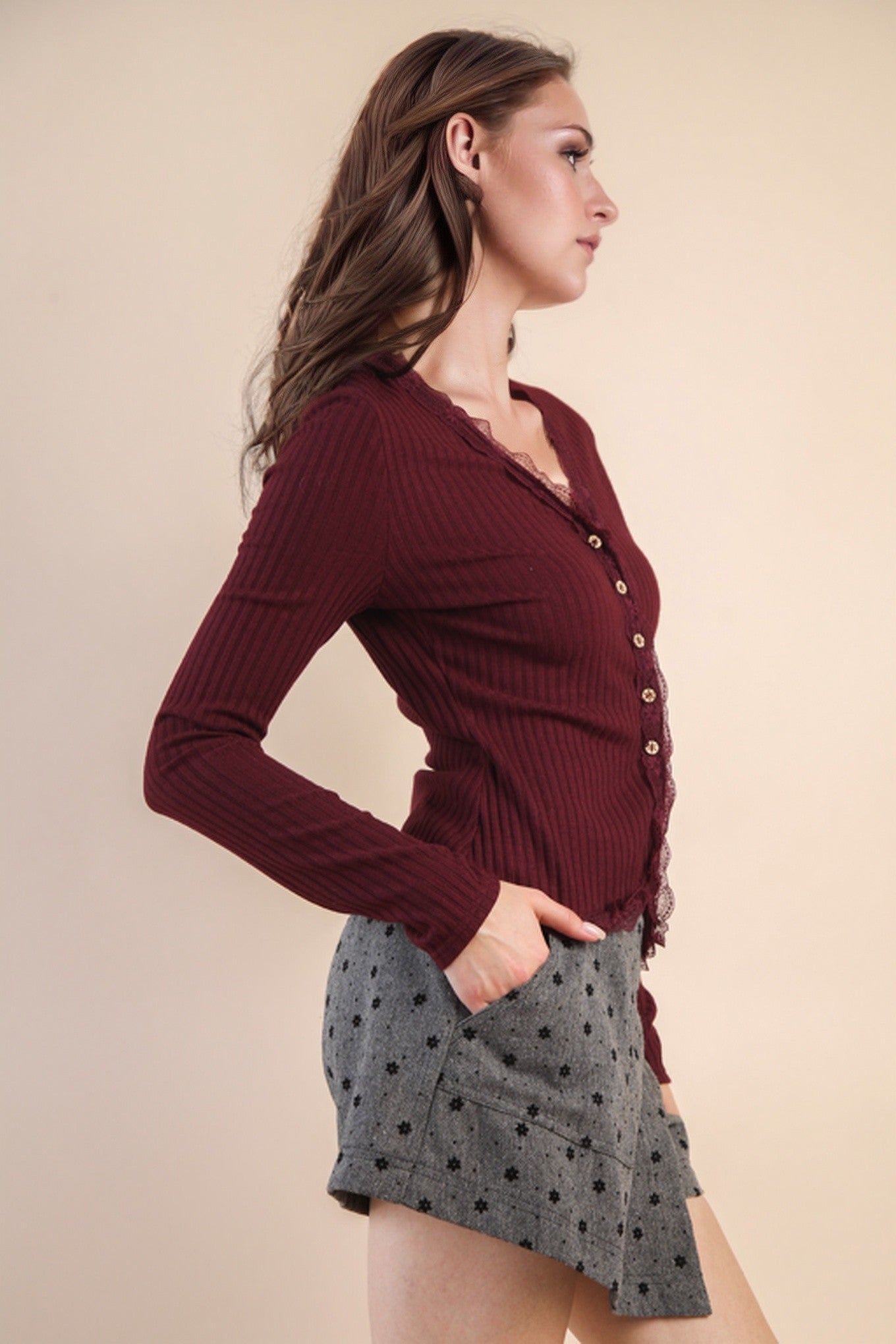  Kendra Lace Trim Knit Top, Wine