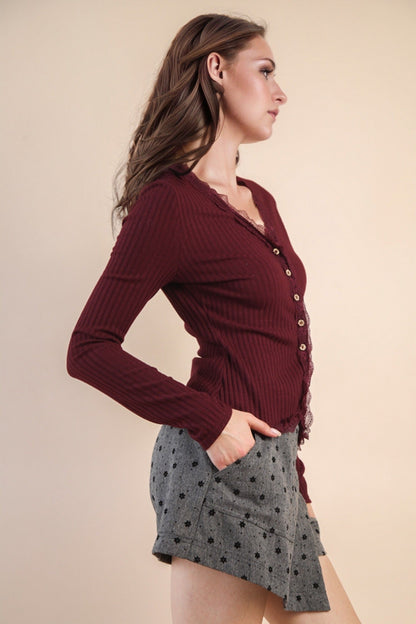  Kendra Lace Trim Knit Top, Wine