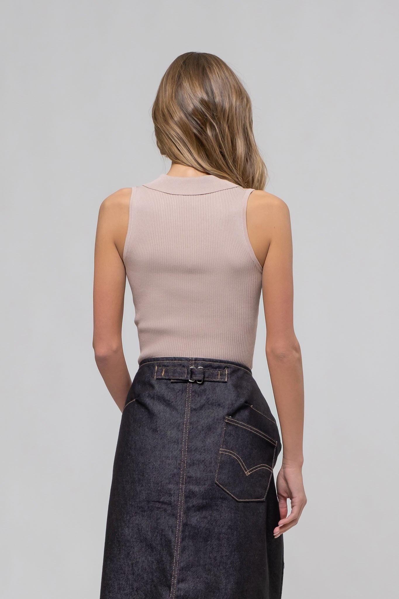  Ivey Collared Knit Crop Top, Light Taupe