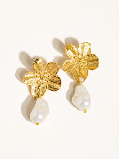  Flower Pearl Earrings, Gold