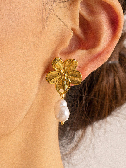  Flower Pearl Earrings, Gold
