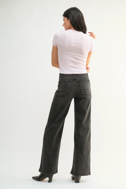  Leah Patch Pocket Wide Leg Jeans, Washed Black
