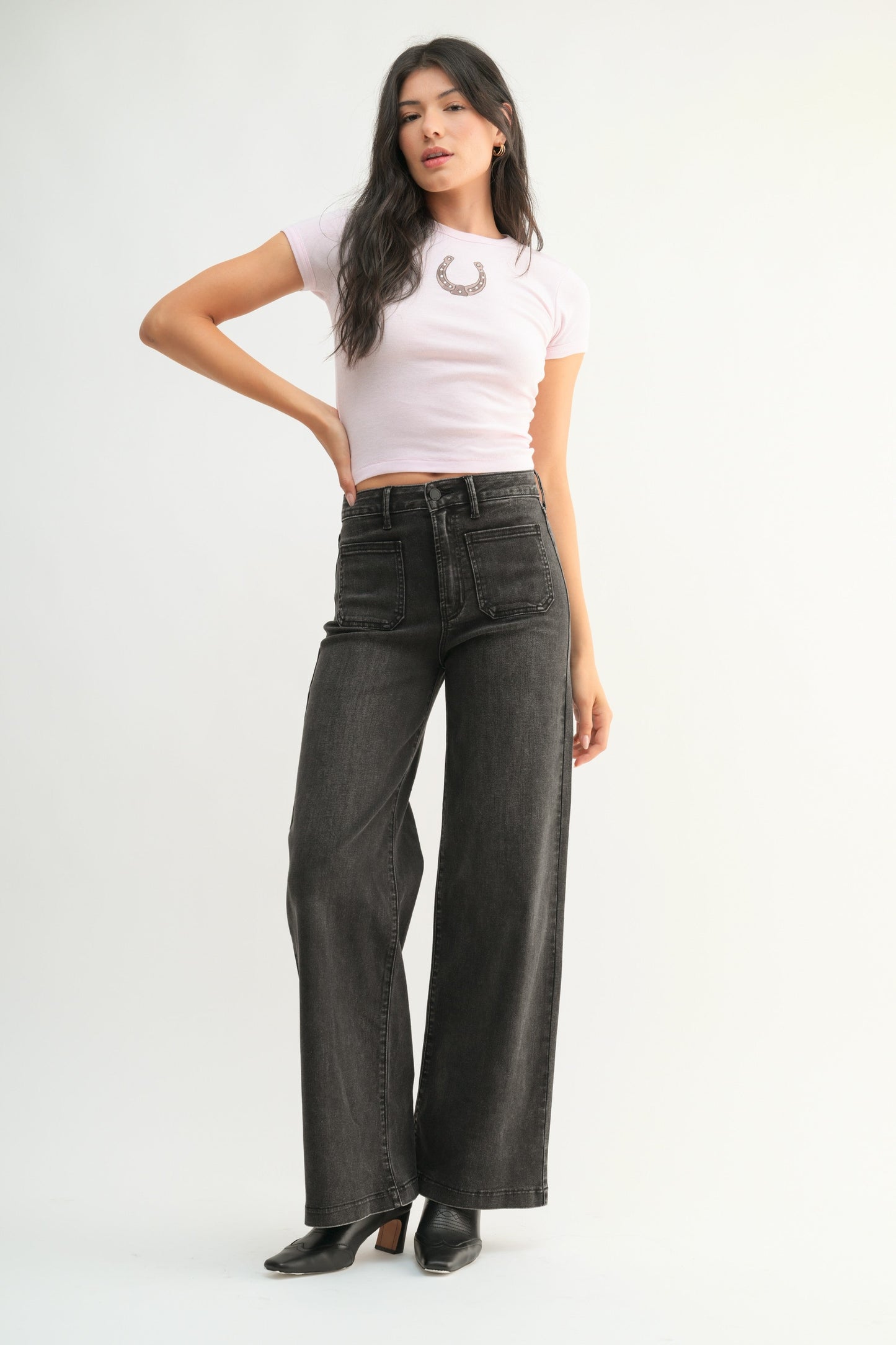  Leah Patch Pocket Wide Leg Jeans, Washed Black