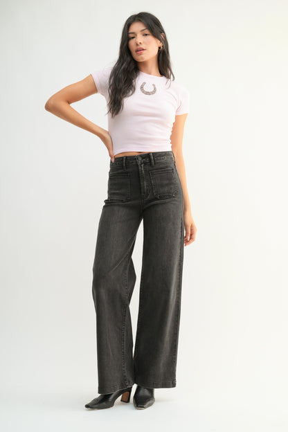  Leah Patch Pocket Wide Leg Jeans, Washed Black
