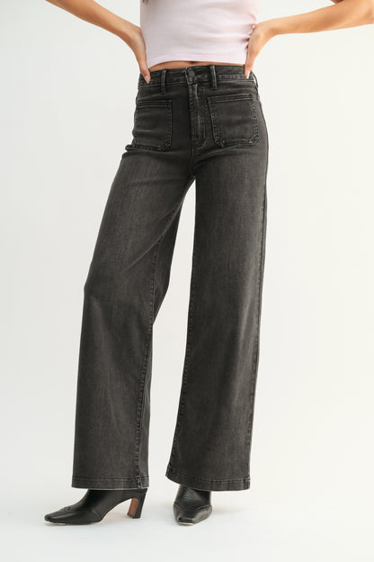  Leah Patch Pocket Wide Leg Jeans, Washed Black