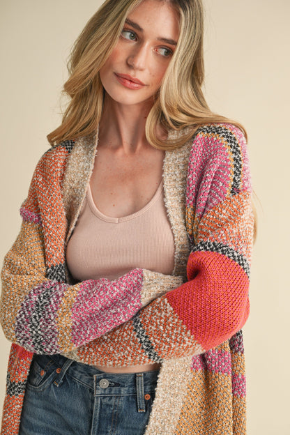  Frankie Oversized Color Block Cardigan, Fuchsia Mustard Multi