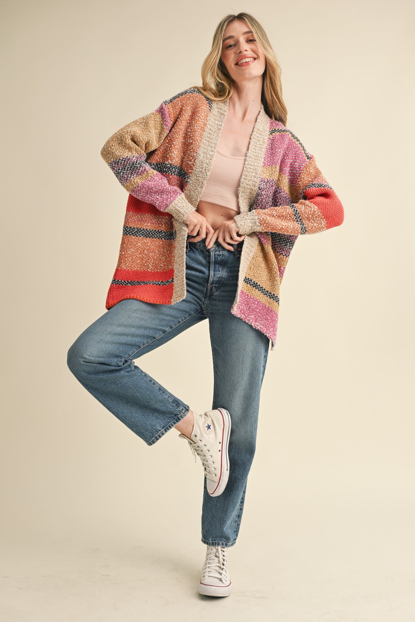  Frankie Oversized Color Block Cardigan, Fuchsia Mustard Multi