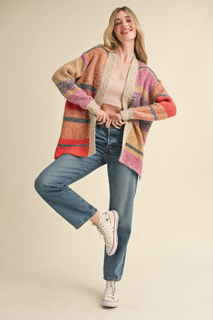  Frankie Oversized Color Block Cardigan, Fuchsia Mustard Multi