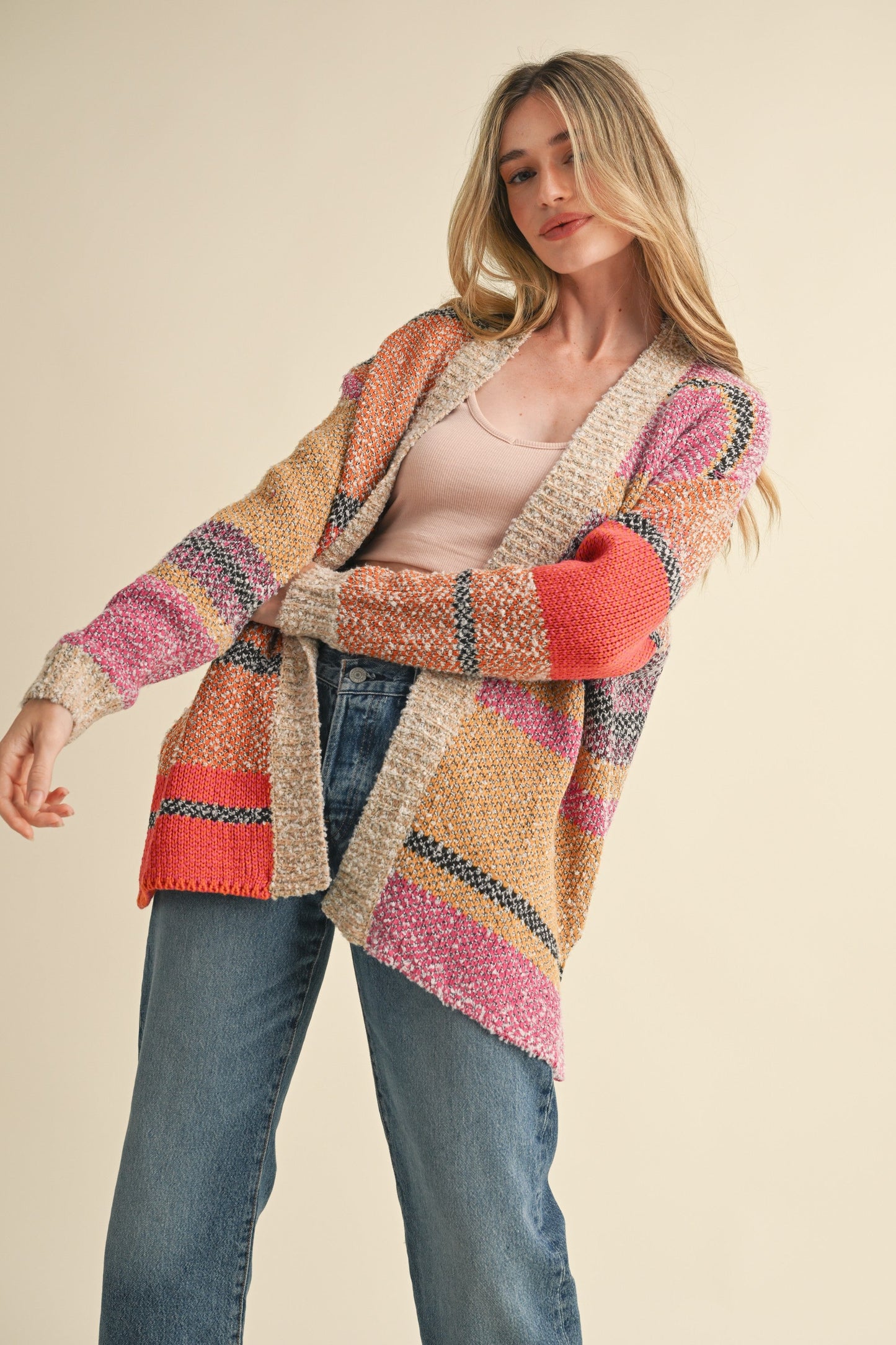  Frankie Oversized Color Block Cardigan, Fuchsia Mustard Multi