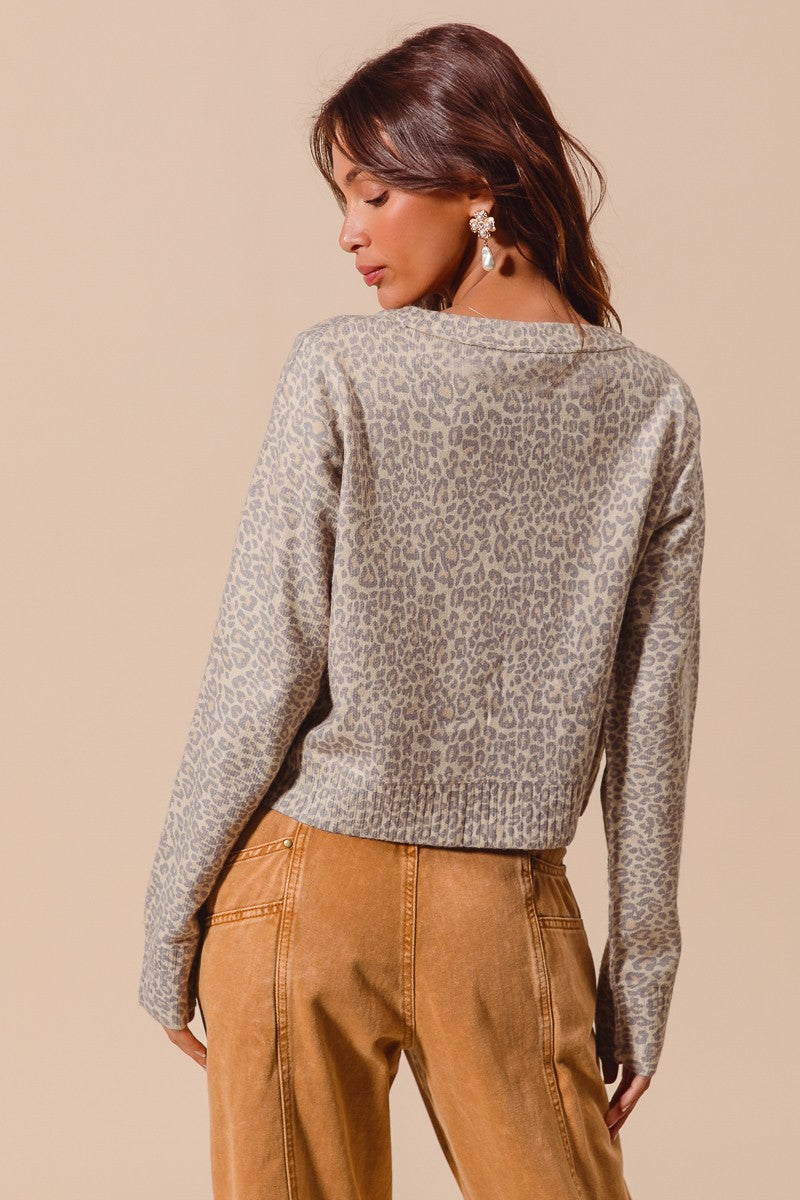  April Leopard Sweater Cardigan, Vintage Oatmeal